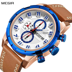 MEGIR Chronograph Sport Watch for Men Leather Strap Quartz Military Wristwatch Waterproof Calendar Clock Relogio Masculino 2082