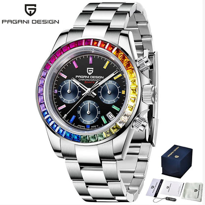 PAGANI DESIGN PD1644 Men Quartz Watch Rainbow Bezel Stainless Steel 100M Waterproof Men Watch VK63 Sapphire Chronograph