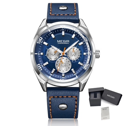 MEGIR Brand Quartz Chronograph Watch for Men Leather Strap Military Sport Wristwatches Waterproof 24-hour Week Date Clock 2072