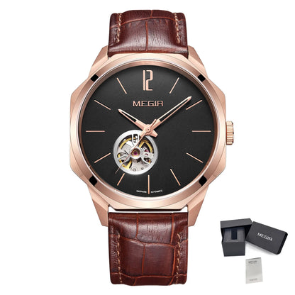 MEGIR Retro Men's Wristwatch Luxury Automatic Mechanical Watches Leather Sapphire 5ATM Waterproof Watch Relogio Masculino 62073
