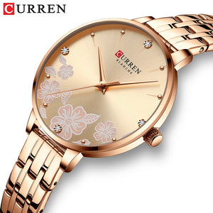 CURREN Fashion Quartz Wristwatches for Women Simple Stainless Steel Watch Bracelet with Flower Design Dial