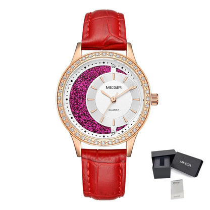 MEGIR Diamond Women Luxury Watch Elegant Ladies Quartz Wristwatch Female Bracelet Watches Waterproof Leather Dress Clock 4218