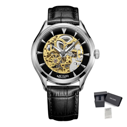 MEGIR Men's Watches Hollow Out Mechanical Watch Automatic Waterproof Wristwatch Leather Strap Business Cusual Clock Reloj Hombre