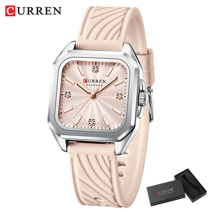 CURREN Elegant Simple Watch for Women Luxury Dress Square Dial Silicone Strap with Luminous Hands New Quartz Wristwatch