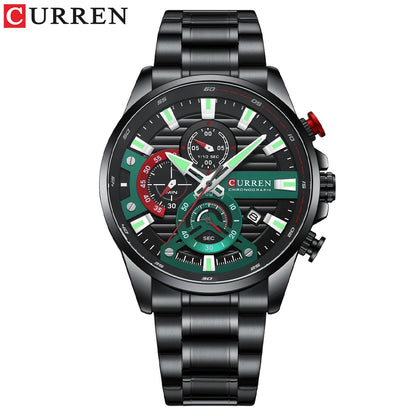 CURREN New Blue Multi Function Quartz Watches Sport Stainless Steel Band Wristwatches for Men with Luminous Hands