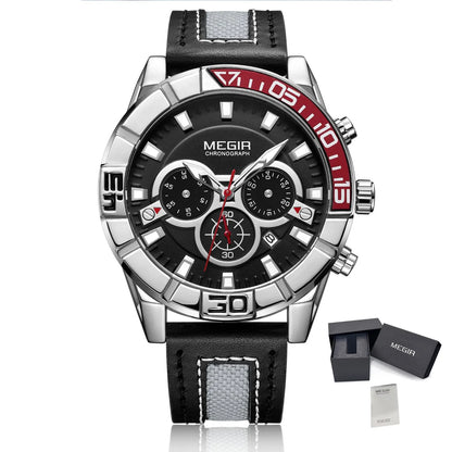 MEGIR Watches for Men Brand Luxury Military Sports Watch Chronograph Leather Strap Waterproof Date Quartz Wristwatch Man Clock