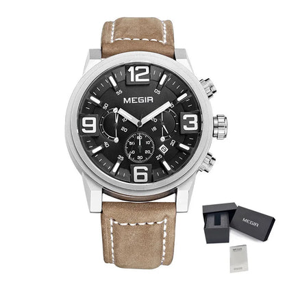 MEGIR Luxury Men's Watch Fashion Simple Casual Sports Watches for Men Leather Strap Waterproof Quartz Chronograph Clock 3010