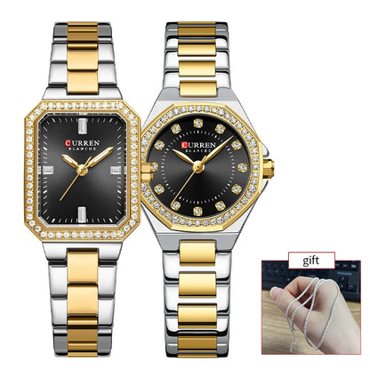 CURREN Luxury Elegant Wristwatches with Stainless Steel Band,Stylish Quartz Watch with Sparkling Rhinestone Dial for Gift