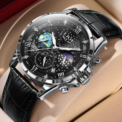 2026 New Men Watch LIGE Fashion Genuine Leather Watch For Men Casual Military Waterproof Luminous Quartz Chronograph Clock Male