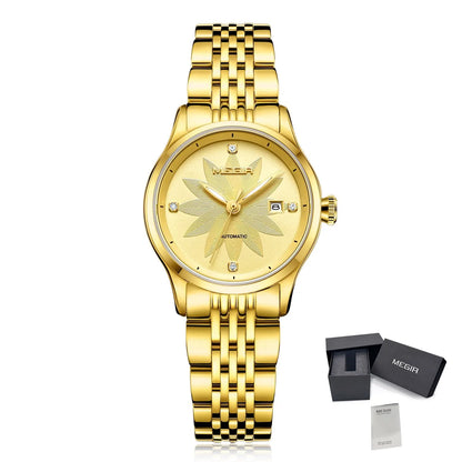 MEGIR Fashion Business Casual Watch for Women Sapphire Automatic Mechanical Wristwatch Ladies Stainless Steel Female Date Clock