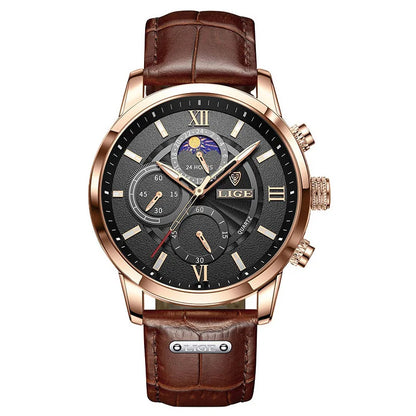 LIGE Fashion Brown Leather Watches For Men Casual Business Men Quartz Watch Waterproof Luminous 24 Hour Moon Phase Chronograph