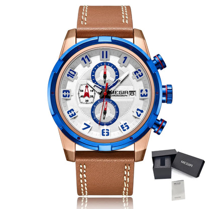 MEGIR Chronograph Sport Watch for Men Leather Strap Quartz Military Wristwatch Waterproof Calendar Clock Relogio Masculino 2082