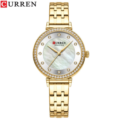CURREN Luxury Slim Women's Watch Two Tone Stainless Steel Band Mother of Pearl Dial with Rhinestones Elegant Quartz Wristwatch