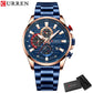 CURREN New Blue Multi Function Quartz Watches Sport Stainless Steel Band Wristwatches for Men with Luminous Hands