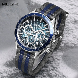 MEGIR Classic Quartz Watch for Men Waterproof Multi-Function Sport Chronograph Fashion Canvas Strap Male Wristwatch Clock 8121
