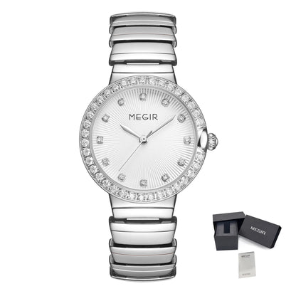 MEGIR Stainless Steel Strap Watches for Women Fashion Casual Quartz Wristwatch Diamond Dial Ladies Dress Clock Reloj Hombre 7010