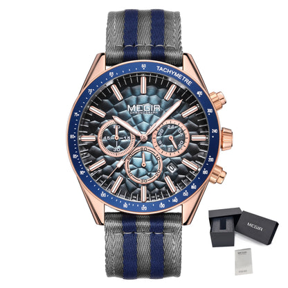 MEGIR Classic Quartz Watch for Men Waterproof Multi-Function Sport Chronograph Fashion Canvas Strap Male Wristwatch Clock 8121