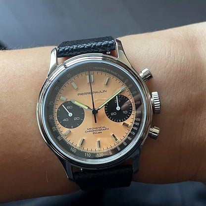 PIERRE PAULIN Retro 70‘s Vintage Panda Style Chronograph Mechanical Men's Complicated 38MM Small Luxury Classic Wrist Watch