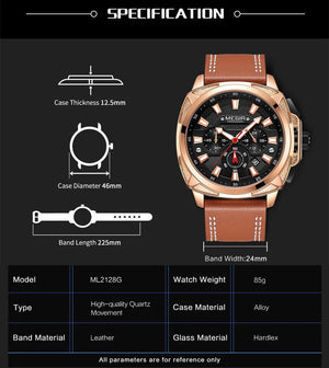 MEGIR Watches for Men Fashion Military Sport Watch Waterproof Date Quartz Casual Wristwatch with Chronograph Leather Strap 2128