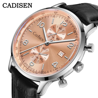 CADISEN Men Watch Quartz Luxury Brands MIYOTA 0S11 Movement Chronograph Sunburst Salmon Dial AR Coated Glass Waterproof Watches