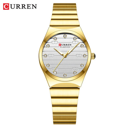 CURREN Luxury Classic Quartz Watch for Women Round Dial with Rhinestones Stainless Steel Bracelet Elegant Dress Wristwatch