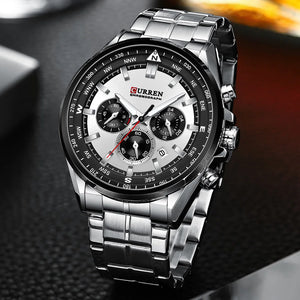 CURREN Luxury Brand Watches for Men Casual Sporty Quartz Wristwatch with 316 Stainless Steel Band Chronograph Clock Male Silver