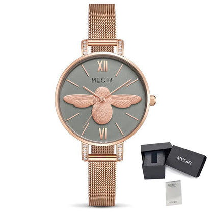 MEGIR Fashion Women Watches Luxury Quartz Wristwatch Rose Gold Mesh Strap Ladies Business Casual Watch Reloj Mujer 7009