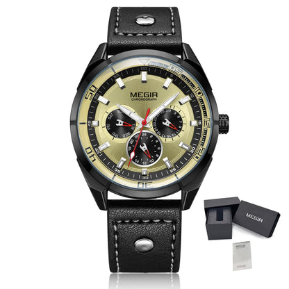 MEGIR Brand Quartz Chronograph Watch for Men Leather Strap Military Sport Wristwatches Waterproof 24-hour Week Date Clock 2072