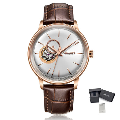 MEGIR Automatic Men's Watch Mechanical Movement Leather Strap Luxury Business Watches 5ATM Waterproof Big Dial Wristwatch 62057