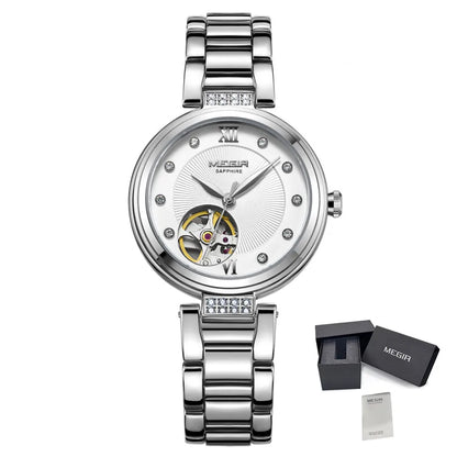 MEGIR Luxury Stainless Steel Gold Women Bracelet Watch Large Dial Automatic Mechanical Wrist Watches Ladies Business Watch Clock