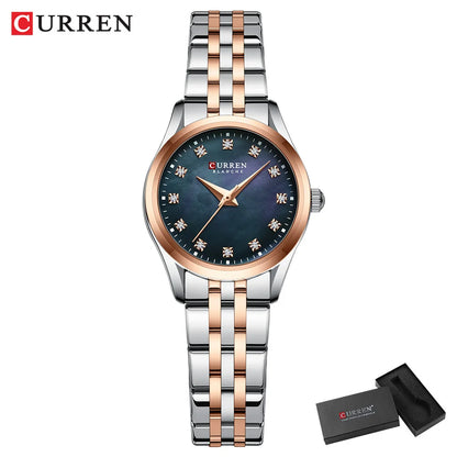 CURREN Ladies Watch with Two-Tone Stainless Steel Bracelet 28mm Dial with Rhinestones Markers Shimmering Shell Dial Elegant Idea