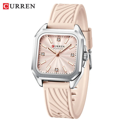 CURREN Elegant Simple Watch for Women Luxury Dress Square Dial Silicone Strap with Luminous Hands New Quartz Wristwatch