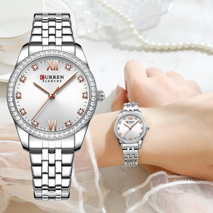 CURREN Classy Dress Watches for Women Stainless Steel Band Clock Female Rhinestone Dial Slim Wristwatches Ladies