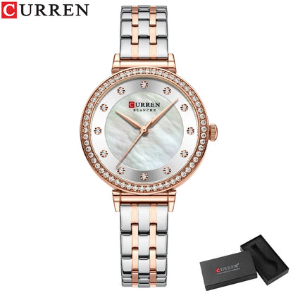 CURREN Luxury Slim Women's Watch Two Tone Stainless Steel Band Mother of Pearl Dial with Rhinestones Elegant Quartz Wristwatch