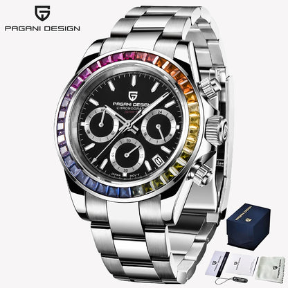 PAGANI DESIGN PD1644 Men Quartz Watch Rainbow Bezel Stainless Steel 100M Waterproof Men Watch VK63 Sapphire Chronograph