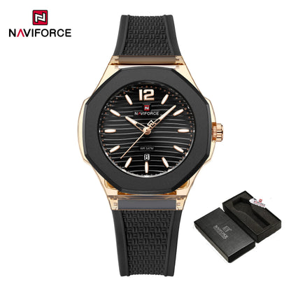 NAVIFORCE Fashion Watch for Women 5ATM Waterproof Silicone Strap Auto Date Display Night Illumination Ladies Elegant Watch Gift