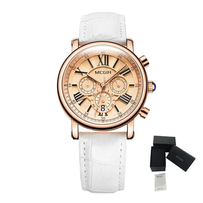 MEGIR Women Watches Luxury Quartz Chronograph Leather Strap Lady Sports Wristwatch Female Dress Clock 24-hour Reloj Mujer 2058