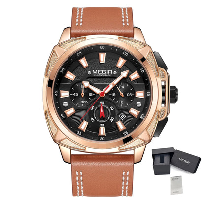 MEGIR Watches for Men Fashion Military Sport Watch Waterproof Date Quartz Casual Wristwatch with Chronograph Leather Strap 2128