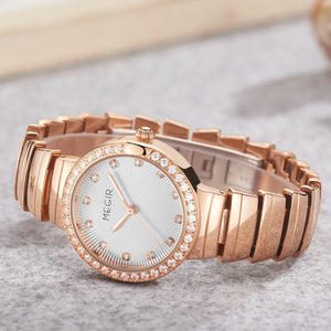 MEGIR Stainless Steel Strap Watches for Women Fashion Casual Quartz Wristwatch Diamond Dial Ladies Dress Clock Reloj Hombre 7010