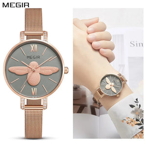 MEGIR Fashion Women Watches Luxury Quartz Wristwatch Rose Gold Mesh Strap Ladies Business Casual Watch Reloj Mujer 7009