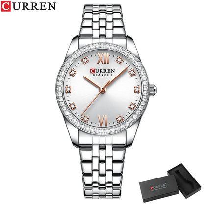 CURREN Classy Dress Watches for Women Stainless Steel Band Clock Female Rhinestone Dial Slim Wristwatches Ladies