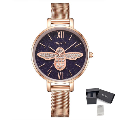 MEGIR Fashion Women Ladies Bracelet Quartz Female Watches Rose Steel Mesh Women Dress Diamond Wristwatch Clock Montre Femme