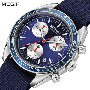 MEGIR Luxury Quartz Watches for Men Blue Canvas Strap Sport Leisure Chronograph Luminous Waterproof Male Wristwatch Clock 2247