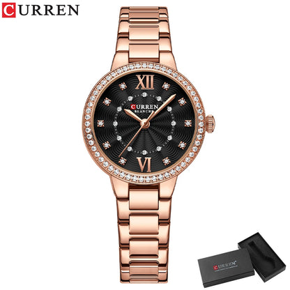 CURREN Quartz Wristwatches for Wommen Luxury Rhinestones Rose Dial Fashion Watches with Stainless Steel Band New