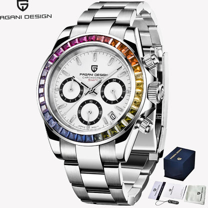PAGANI DESIGN PD1644 Men Quartz Watch Rainbow Bezel Stainless Steel 100M Waterproof Men Watch VK63 Sapphire Chronograph