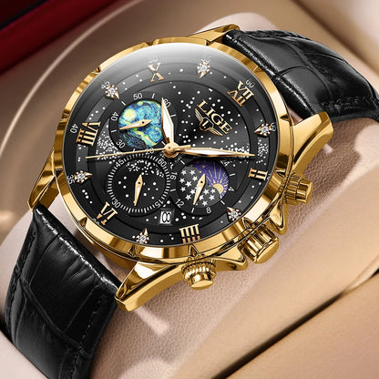 2026 New Men Watch LIGE Fashion Genuine Leather Watch For Men Casual Military Waterproof Luminous Quartz Chronograph Clock Male