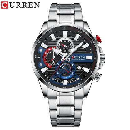 CURREN New Blue Multi Function Quartz Watches Sport Stainless Steel Band Wristwatches for Men with Luminous Hands