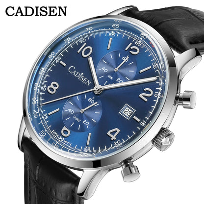 CADISEN Men Watch Quartz Luxury Brands MIYOTA 0S11 Movement Chronograph Sunburst Salmon Dial AR Coated Glass Waterproof Watches