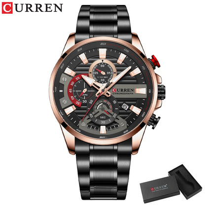 CURREN New Blue Multi Function Quartz Watches Sport Stainless Steel Band Wristwatches for Men with Luminous Hands