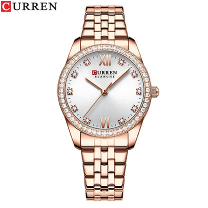 CURREN Classy Dress Watches for Women Stainless Steel Band Clock Female Rhinestone Dial Slim Wristwatches Ladies